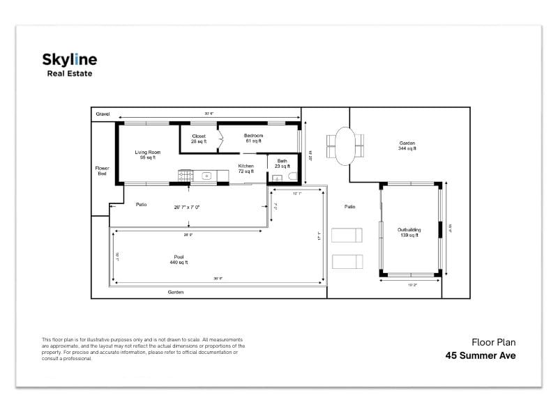 Branded floor plan with company letterhead, property address, and disclaimer text displayed along the border.