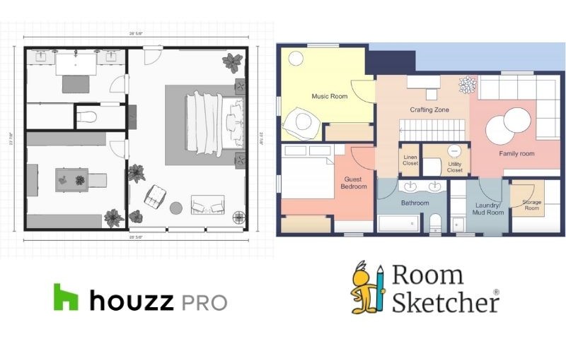 Side-by-side Houzz Pro and RoomSketcher 2D Floor Plan comparison.