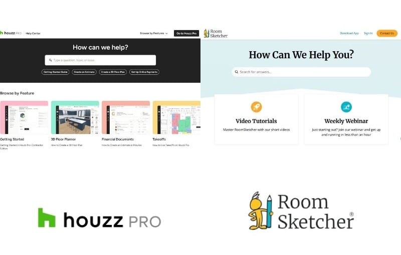Side-by-side help center comparison between Houzz Pro and Roomsketcher