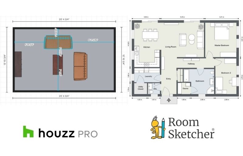 Side-by-side measurement comparison between Houzz Pro and RoomSketcher