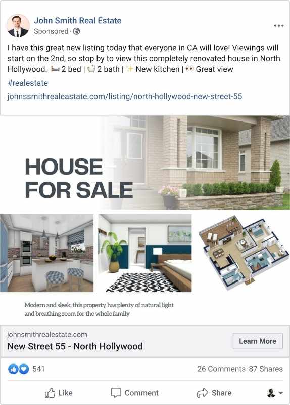 Example of a real estate listing on Facebook