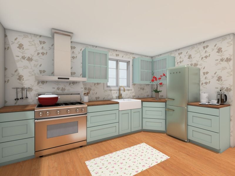 A light blue kitchen layout in 3D.