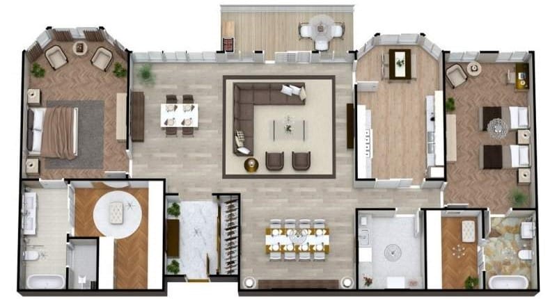 3D floor plan rendering of a luxury senior apartment