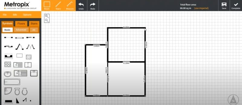 Metropix UI with an apartment floor plan being created, showing basic room outlines and measurements.