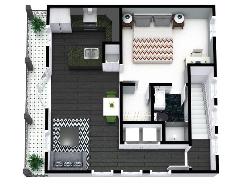 3D rendered floor plan of the lower level in a two-story home, showing one bedroom, an L-shaped kitchen, and a balcony with furniture and finishes.