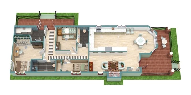 Modern shotgun house 3D floor plan