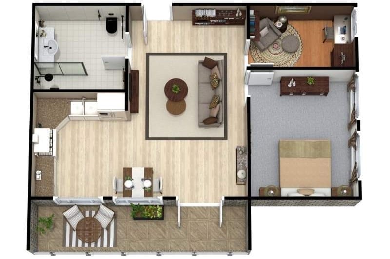 Floor plan of a one bedroom senior apartment with a balcony