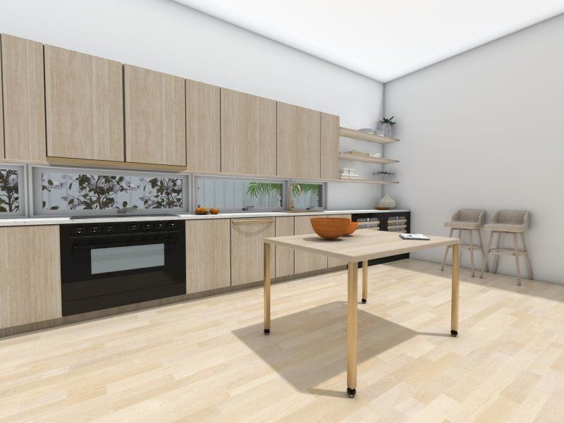 Single-wall light wooden 3D kitchen layout.