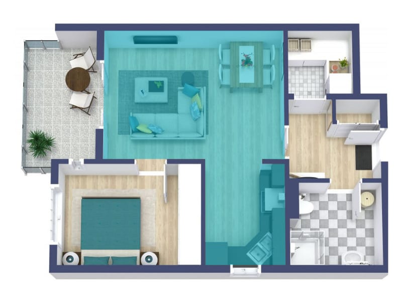 Open concept floor plan with blue highlight