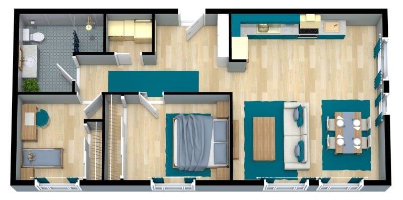 Open floor plan featuring an L-shaped kitchen with cool blue design highlights, showcasing a spacious and contemporary interior layout.