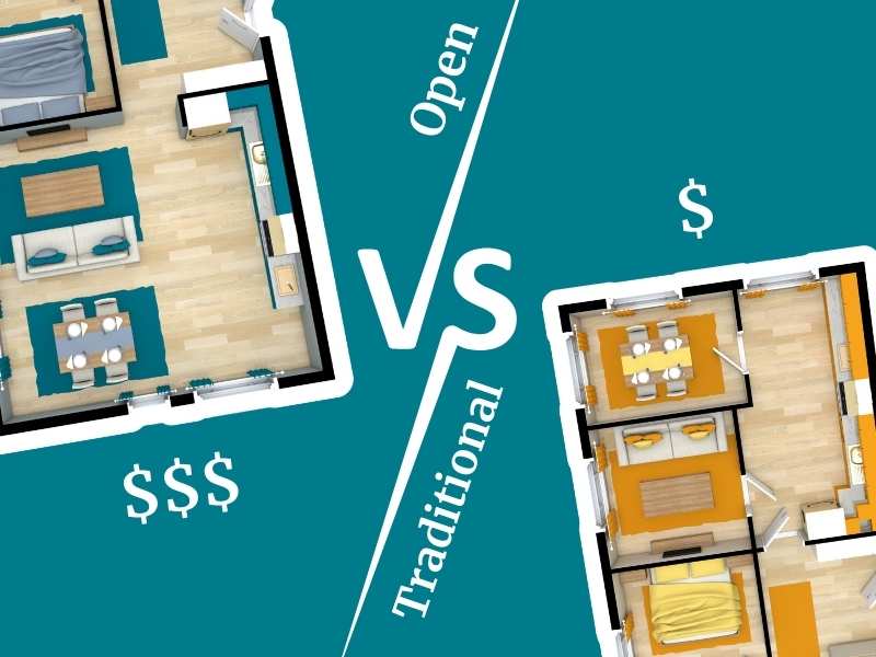 Split-screen comparison of open and traditional floor plans, with dollar signs indicating cost differences between the two home layout styles