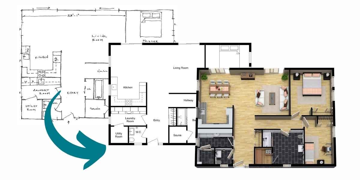 A sketch can be turned into a 2D and 3D Floor Plan with Order Floor Plans