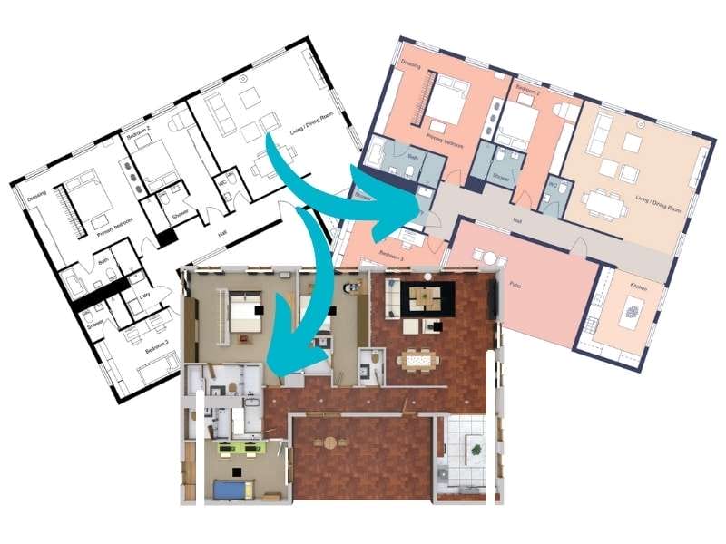 Floor plan blueprint transforming into a precise 2D digital floor plan and a corresponding detailed 3D rendering, showcasing the conversion process from outline to professional design.