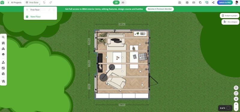 Planner5D interface with a home office being designed.