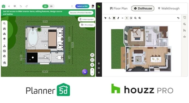 Planner5D interface next to the Houzz Pro software interface.