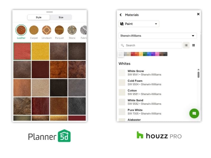 Material and color selection from Planner5D next to the material selection from Houzz Pro.