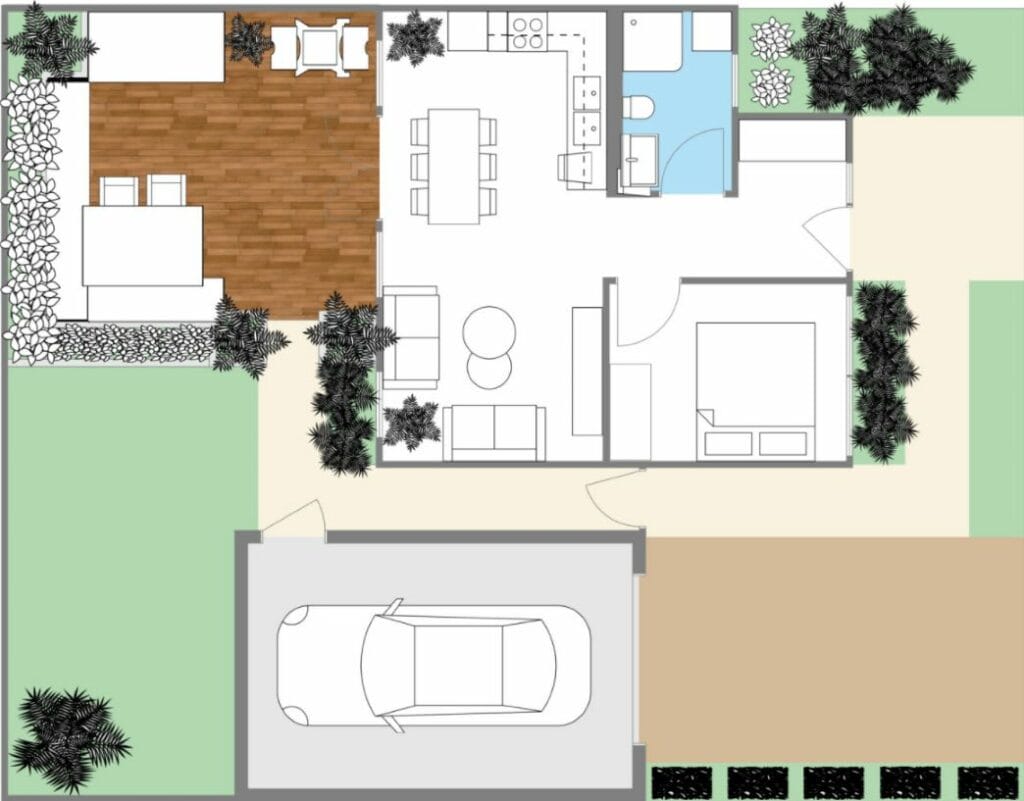A finished 2D site plan with a one car garage, driveway, and plants.