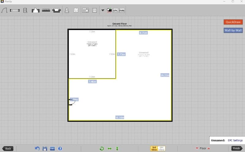 PlanUp interface with a simple outline of a floor plan being created, showing basic room shapes and layout tools.