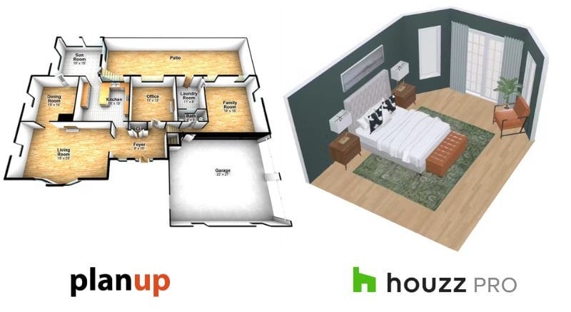 Side-by-side comparison showing a basic 3D floor plan of an apartment created with PlanUp next to a furnished 3D floor plan of a bedroom generated with Houzz Pro.