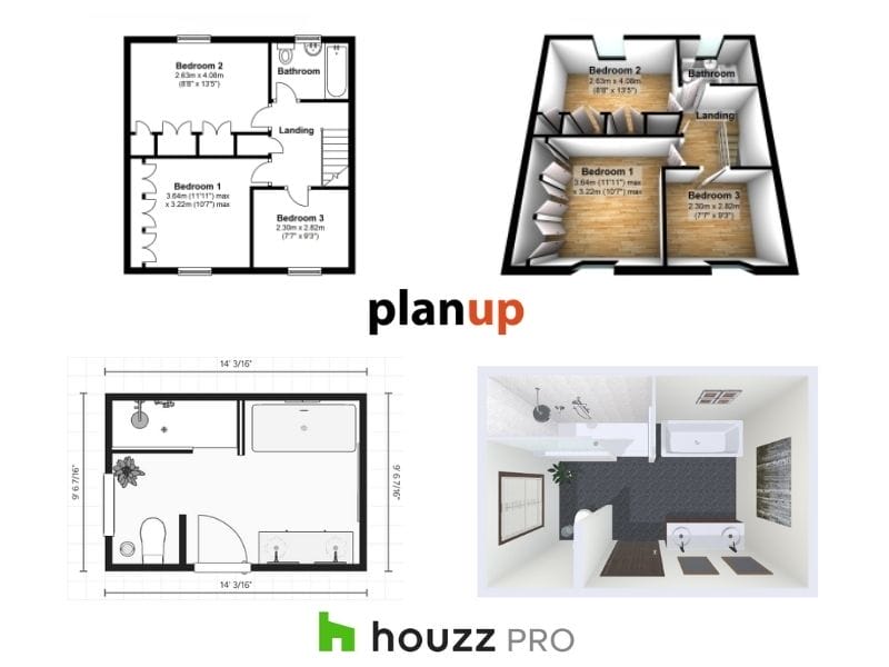 A 2D and 3D floor plan from PlanUp above a 2D and 3D floor plan from Houzz Pro.