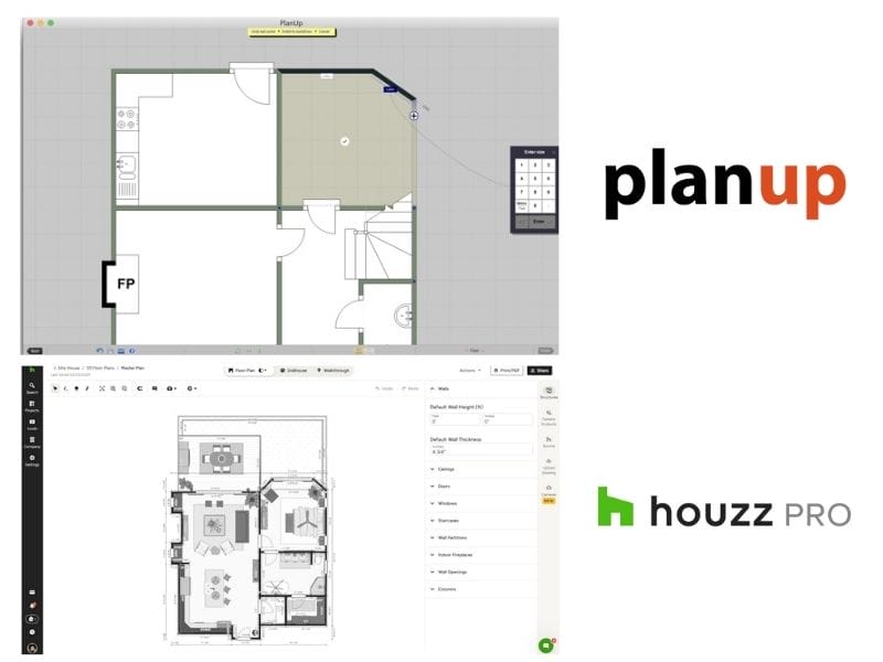 PlanUp interface positioned above the Houzz Pro interface, highlighting their layouts and design features.