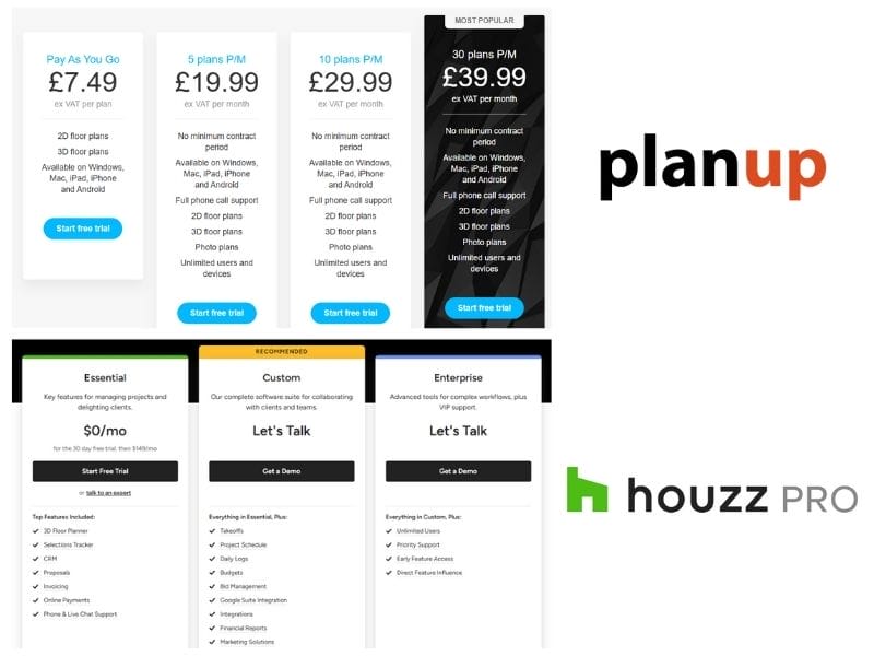 Screenshot of the PlanUp pricing page displayed above a screenshot of the Houzz Pro pricing page, allowing a direct comparison of their subscription options and pricing structures.