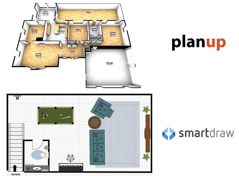 3D floor plan from PlanUp above a colorful 2D floor plan from SmartDraw.