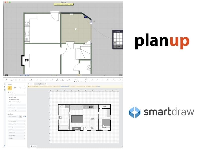 PlanUp interface showing a floor plan being drawn above the interface of SmartDraw.