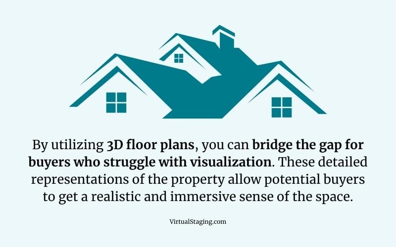 Quote for 3d floor plans "By utilizing 3D floor plans, you can bridge the gap for buyers who struggle with visualization. These detailed representations of the property allow potential buyers to get a realistic and immersive sense of the space."