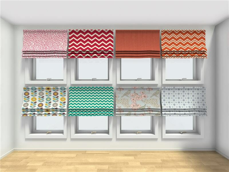 Eight windows each fitted with the same style of blinds in different colors arranged in a grid.