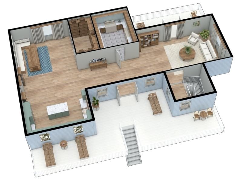 3D floor plan of the upper level in a reverse floor plan home, featuring an open layout, large kitchen, and two balconies.