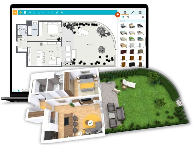 RoomSketcher home design software on laptop with a 3D rendering of the floor plan.