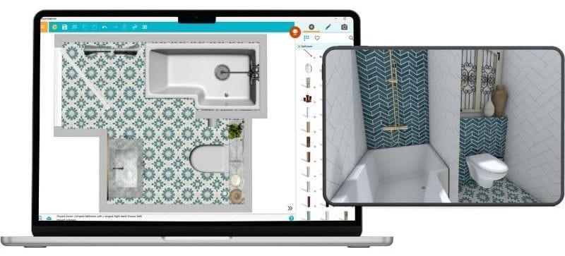 Desktop showing RoomSketcher app bathroom design in 2D. Tablet showing RoomSketcher 3d bathroom design.