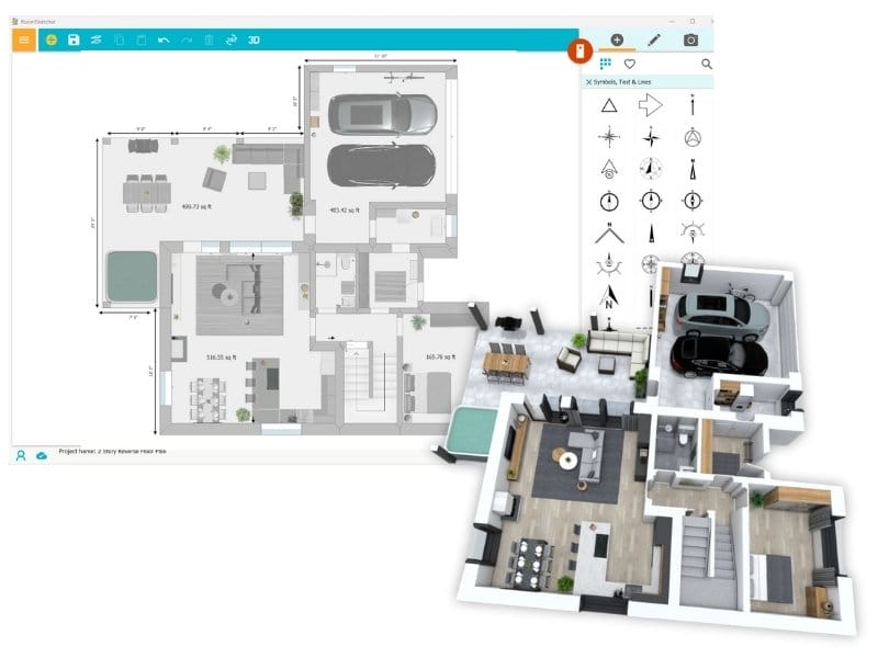 Floor plan being drawn in the RoomSketcher app next to a 3D rendering of the plan.
