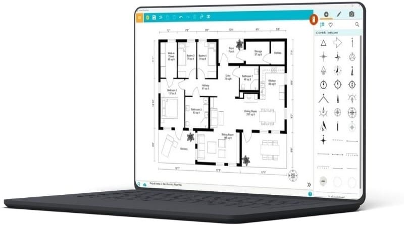 2D floor plan with measurements displayed on a laptop using RoomSketcher software.