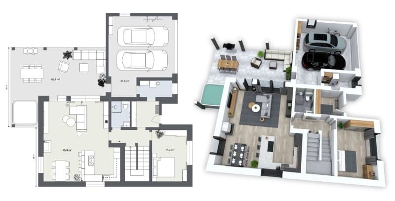 2D floor plan and 3D floor plan created in RoomSketcher.