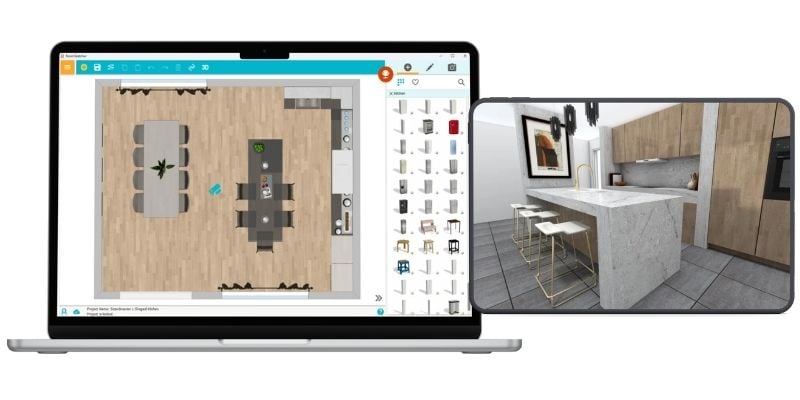 Kitchen being designed on RoomSketcher app on computer and tablet.