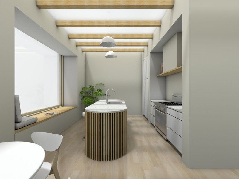 Rounded kitchen island with a sink in 3D.