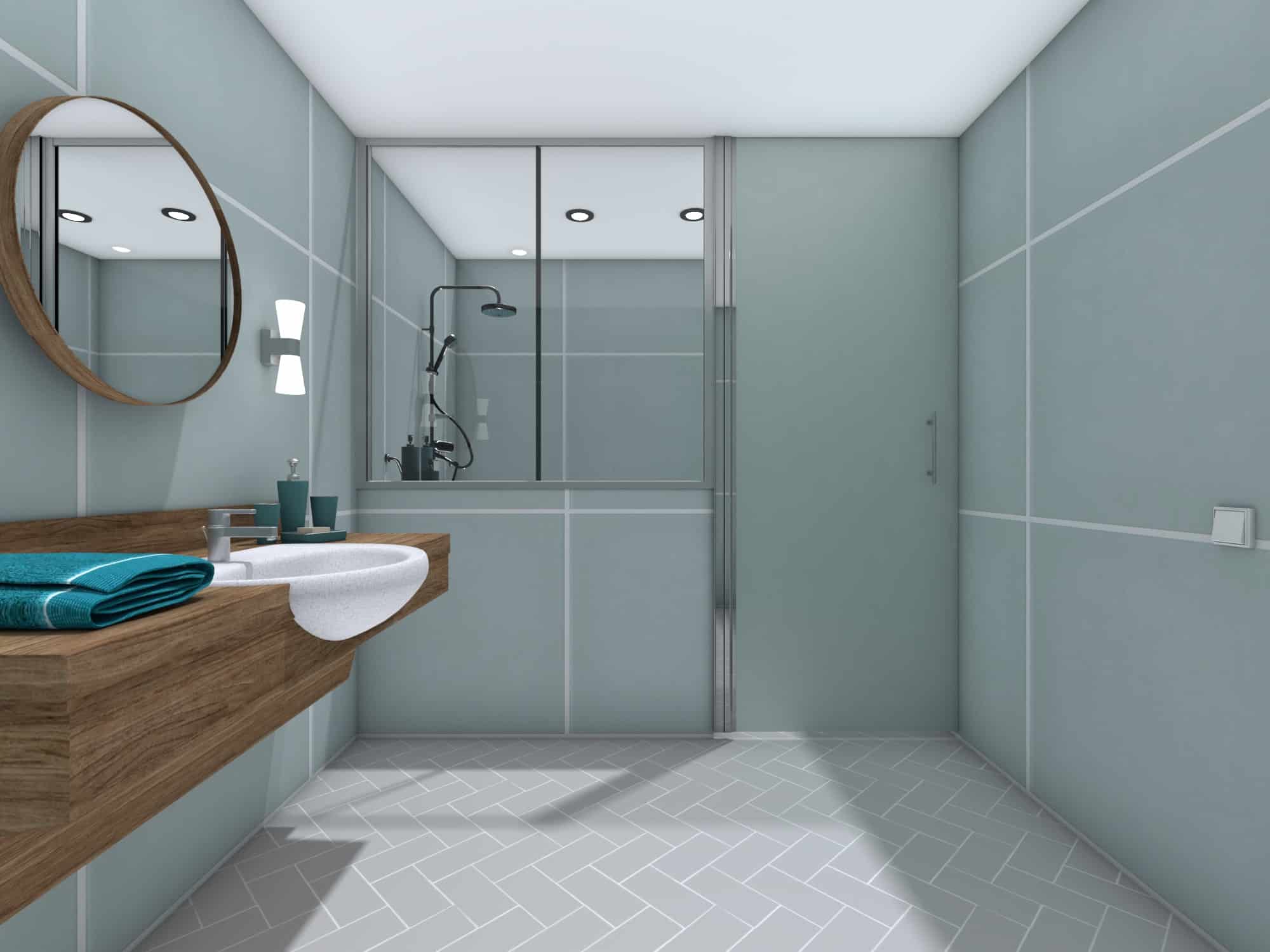 3D rendering of a bright senior bathroom