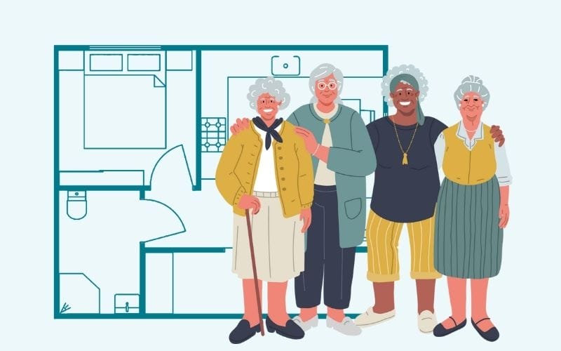 Floor plan in the background with senior citizens in the front