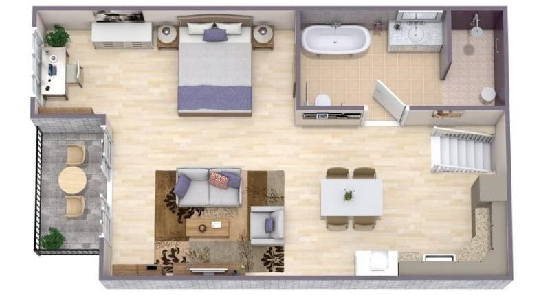 3D floor plan of a senior loft apartment