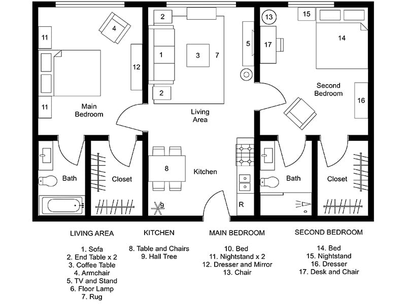 2D senior floor plan with two bedrooms, two bathrooms, and a common area in the middle.