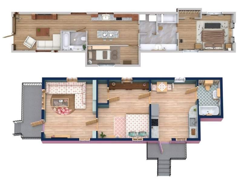 Two shotgun house floor plans with one bedroom, a kitchen and living room
