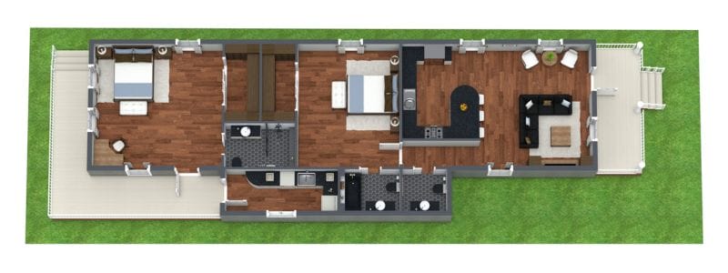 Shotgun house with utility room 3D floor plan