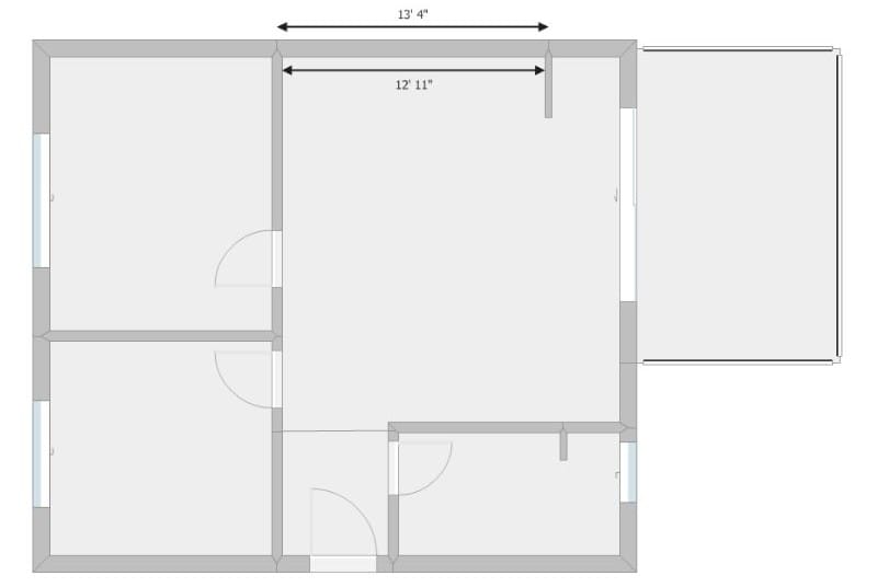 Floor plan showing the length measurement of one interior wall and one exterior wall, with labeled dimensions.