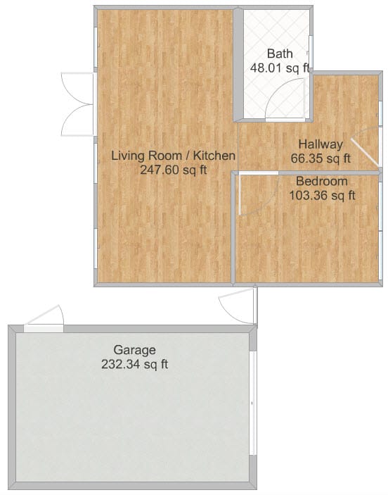 Floor plan of a house and garage, showing their layouts and relative positions.
