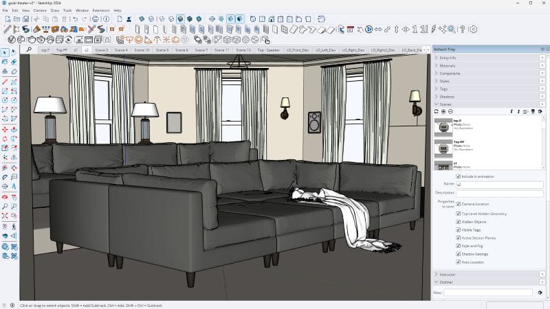 SketchUp interface displaying a 3D model of a living room, featuring a large black couch as the central piece of furniture.