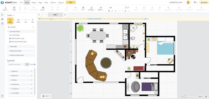 SmartDraw interface with a colorful 2D apartment floor plan being created.