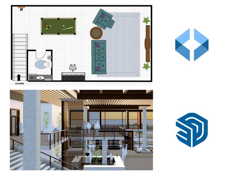 3D visualization in SmartDraw next to 3D visualization in SketchUp, comparing basic vs advanced 3D modeling features.