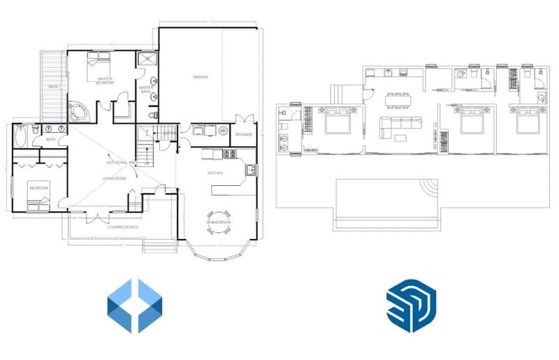 2D floor plan created in SmartDraw displayed next to a 2D floor plan made in SketchUp.